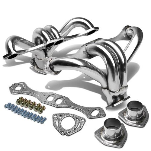 Shorty Block Hugger Ram Horn Manifolds - Small Block Chevy 350 400 V8 Extractors, Headers Stainless Steel 4 into 1