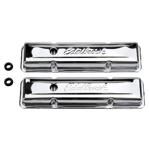 SBC 350 Edelbrock Signature logo, Steel Chrome Valve Cover, 1-1/4 PCV, Breather hole, Small Block Chevy